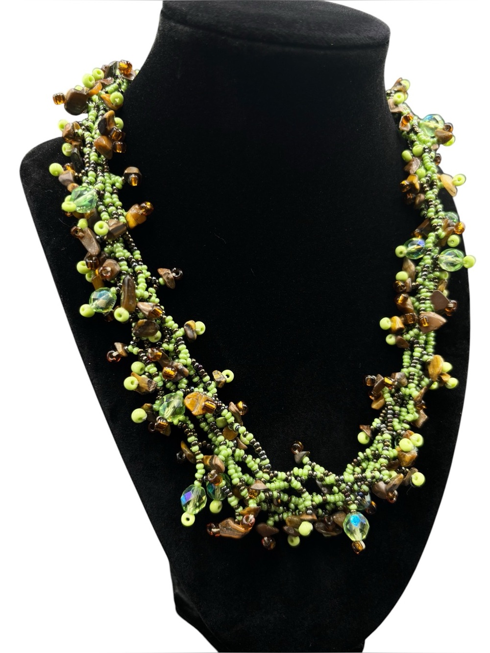 Green Seed Bead & Tiger Eye Chip Statement Necklace 18” | Boho Artisan
